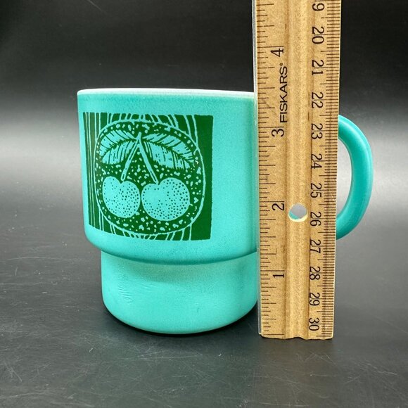 Vintage Milk Glass Mugs Hazel Atlas Teal Green Stacking Fruit Cherry Pear Apple - Picture 11 of 11